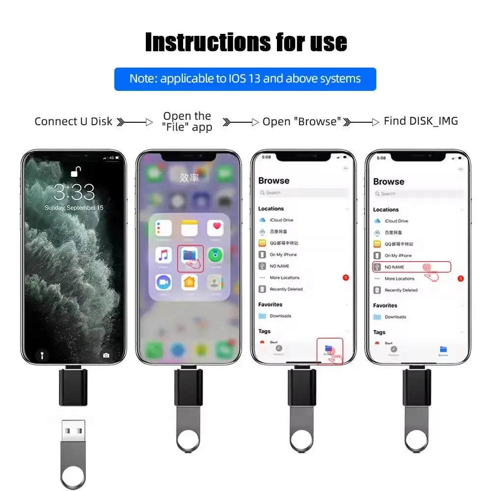 USB 3.0 OTG Adapter for IPhone 14 13 12 11 Pro XS Max XR X 8 Plus 7 6s IPad