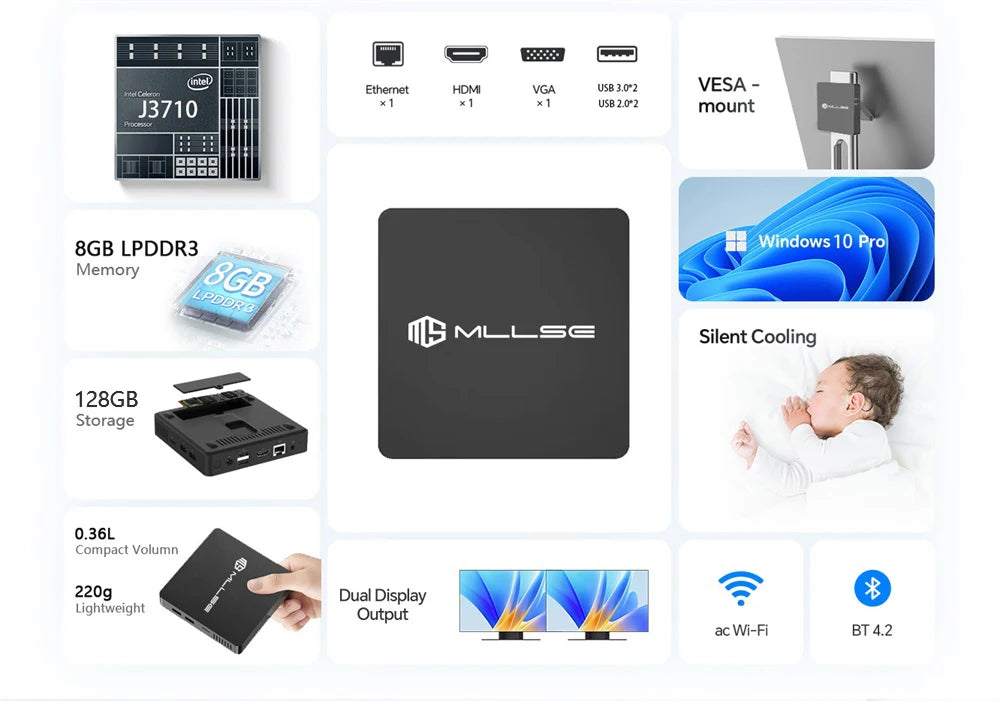 MLLSE Mini PC M2 Air Intel Gemini Lake N4000 Intel J3710 Windows 11