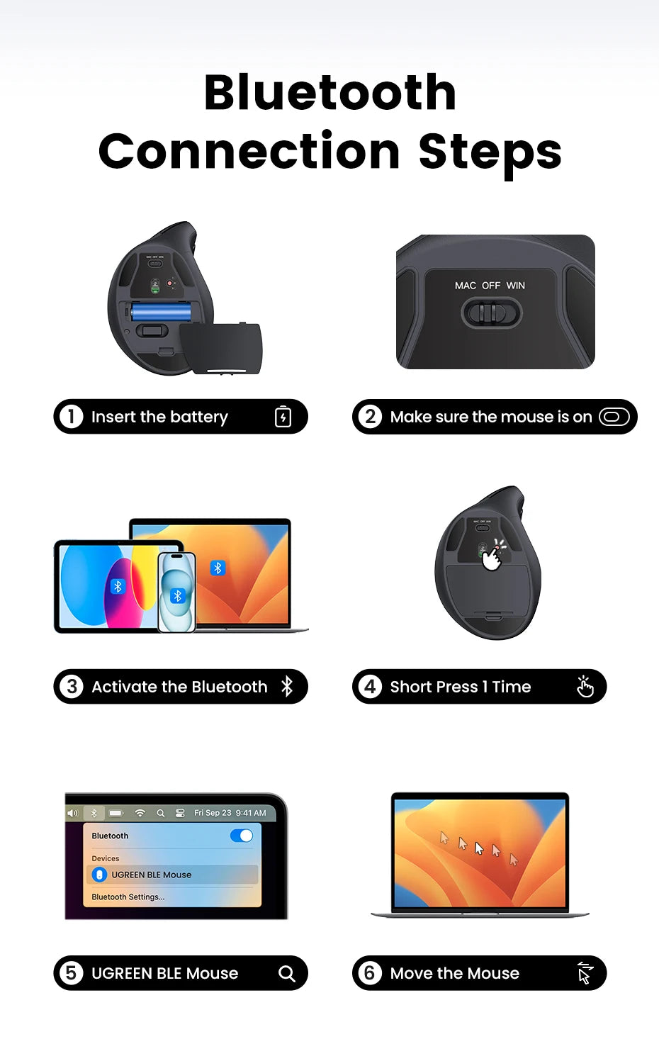 UGREEN Vertical Mouse Wireless Bluetooth 5.0  for MacBook Tablet Laptops Computer PC Mice