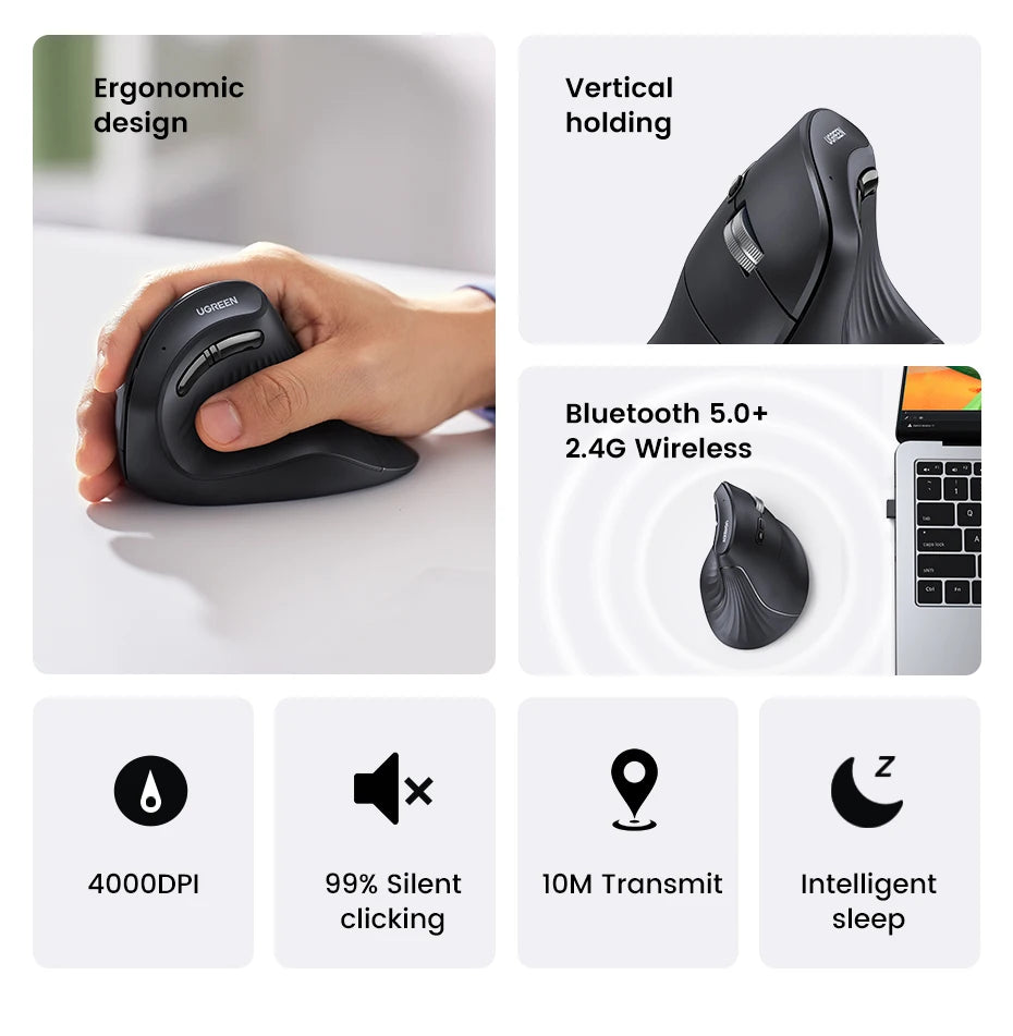 UGREEN Vertical Mouse Wireless Bluetooth 5.0  for MacBook Tablet Laptops Computer PC Mice