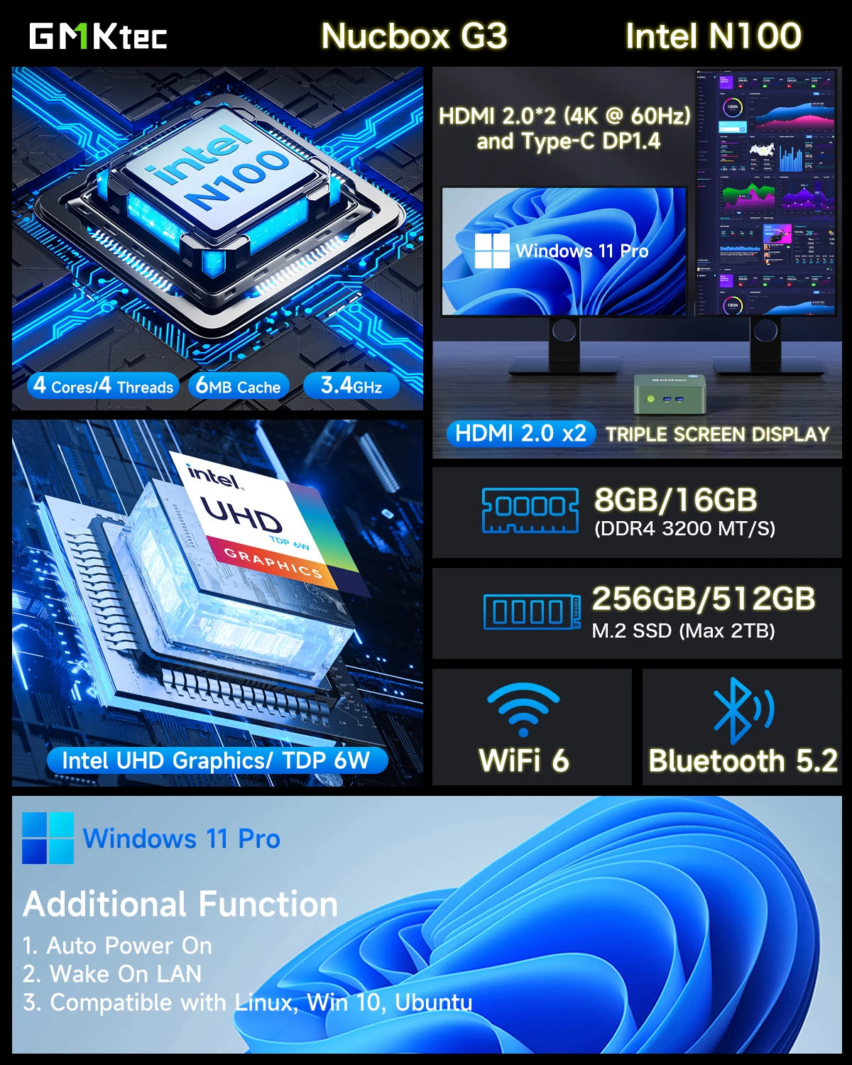 GMKtec G3 Mini PC Intel Alder Lake N100 Windows 11 Pro