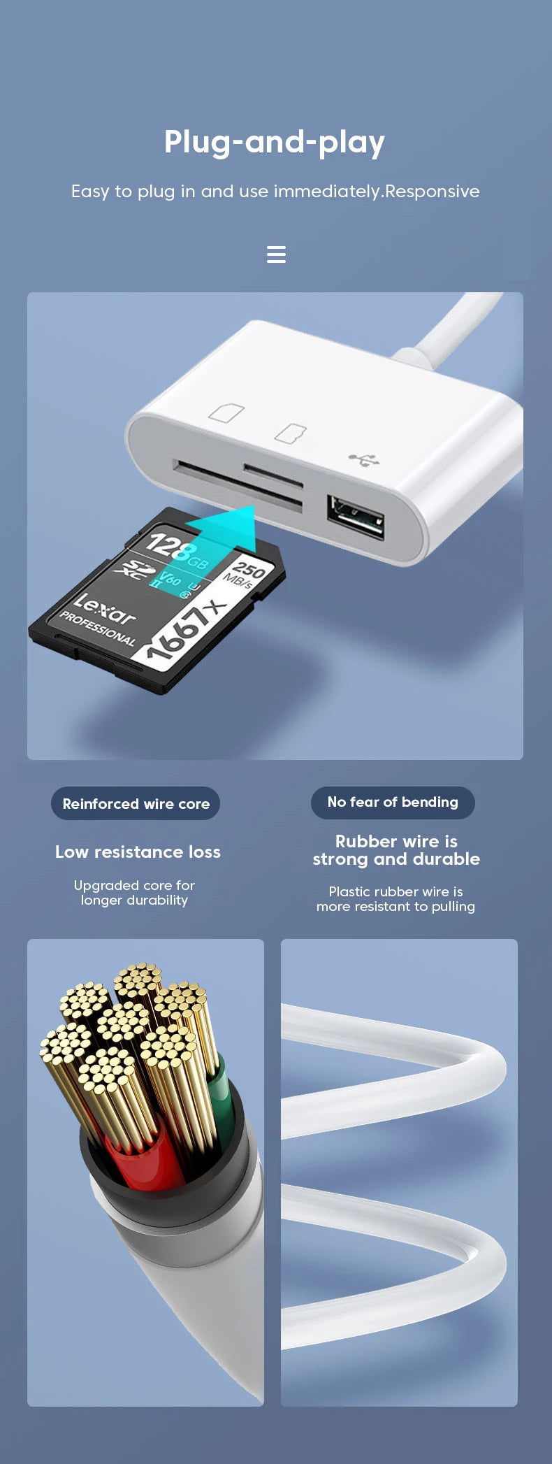 Crouch 3-in-1 Card Reader  For Huawei, Samsung, Xiomi Phone, Tablet